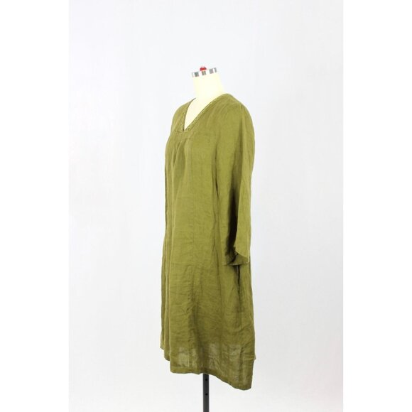 GUDRUN SJODEN Lagenlook Olive Green Linen Oversized V-Neck Tunic Dress, Size M - Picture 4 of 14